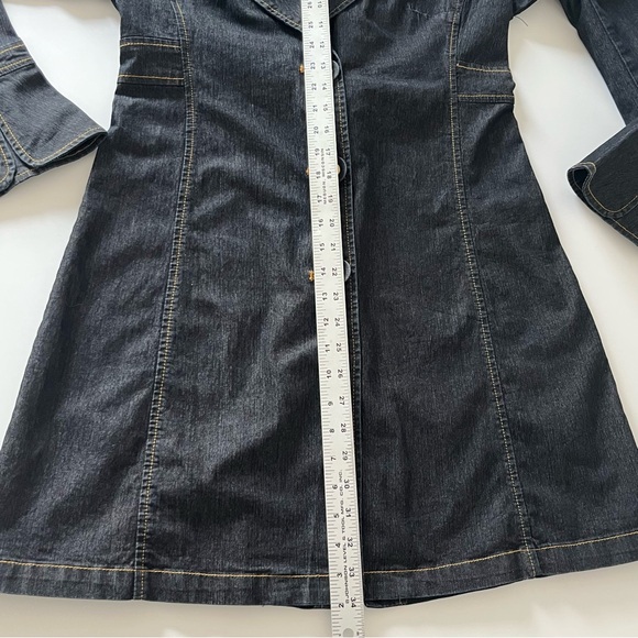 Bisou Bisou Dark Blue Denim Trench Coat Jean Jacket Contrast Stitch Button Small - Picture 12 of 13